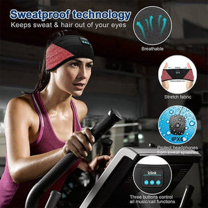 Wireless Bluetooth Sports Headband with sweatproof technology, breathable fabric, and built-in headphones for running and fitness workouts.